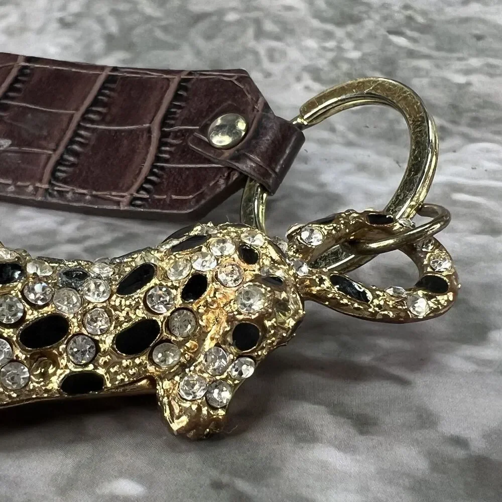 VTG Panther Leopard Keychain Clasp Gold Tone Crystal Rhinestones Enamel